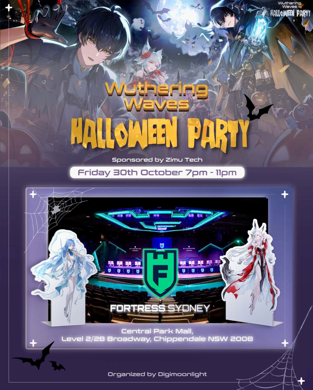 Wuthering Waves Halloween Party poster: 30 October, 7pm–11pm, Fortress Sydney; organised by DigiMoonlight, sponsored by Zimu Tech